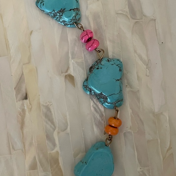 Boho Blue Turquoise Color Slab Chunky Stone Beaded Vegan Leather Long Necklace - Picture 6 of 10